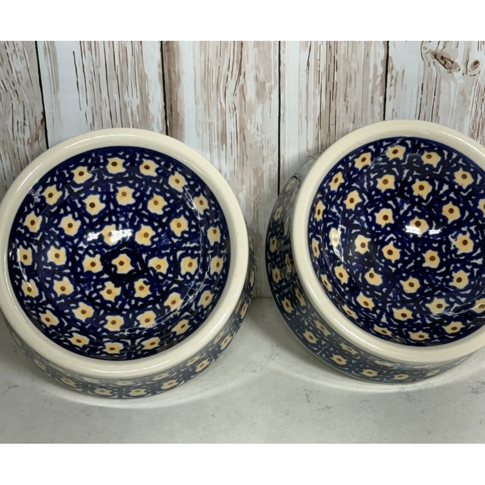 Boleslawiec Polish Pottery Pet Bowls Set of 2 Handmade Stoneware 5" Blue Floral